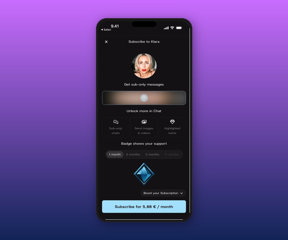 Subscribe modal with 1-month selected
